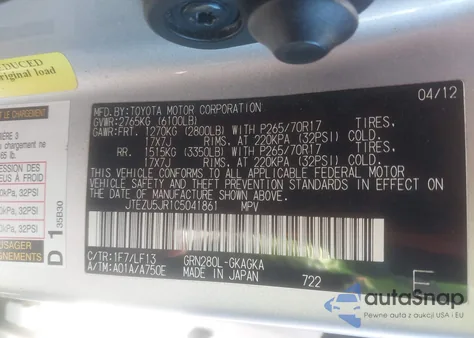 2012 Toyota 4Runner Sr5 z USA, uszkodzony, nr VIN JTEZU5JR1C5041861